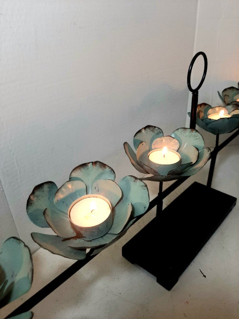Distressed Turquoise and black metal lotur flower pedestal Tealight candleholder